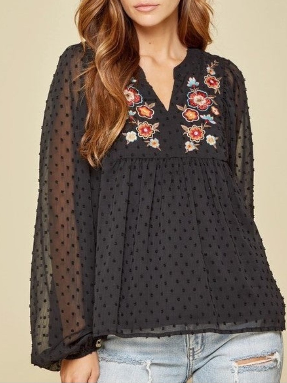 Savannah Jane Embroidered Black Swiss Dot Peasant Blouse L NWT